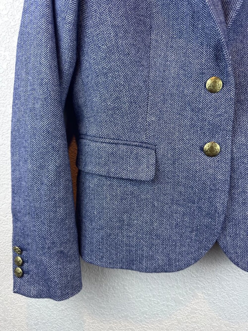 J.Crew Blue Herringbone Wool Blend Blazer Size 4 Gold Button Tailored Jacket - Picture 5 of 11